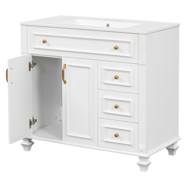 English Elm 36" Modern Bathroom Vanity with Ceramic Sink, Gold Handles, Flip-Out Drawer & Soft-Close Doors White N725P283623K