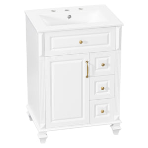 English Elm 24 Inch Freestanding Bathroom Vanity Solid Rubberwood Ceramic Sink Matte Finish Storage White N725P375626K
