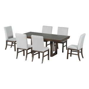 English Elm TOPMAX 7-Piece Extendable Dining Set with 12" Self-Hidden Butterfly Leaf and Upholstered Chairs, Distressed White Wire-Brushed Finish Brown SP000059AAD