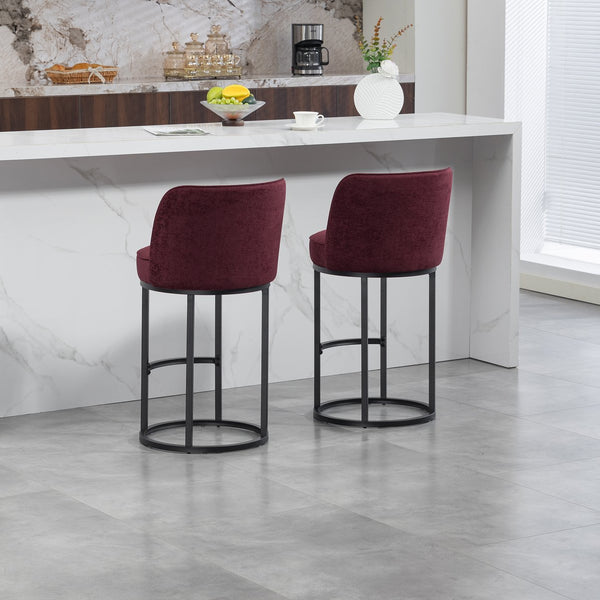 English Elm Counter Height Barstools Set of 2 Linen Upholstered Barrel Seat with Iron Legs Wine Red W395P410434