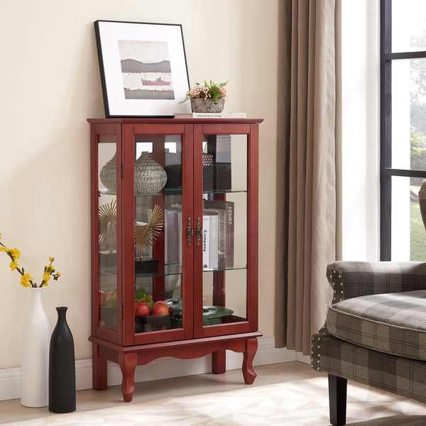 English Elm 2 Doors Curio Cabinet With Adjustable Shelves, Lighted Display & Mirrored Back For Home Or Office W2275P177196