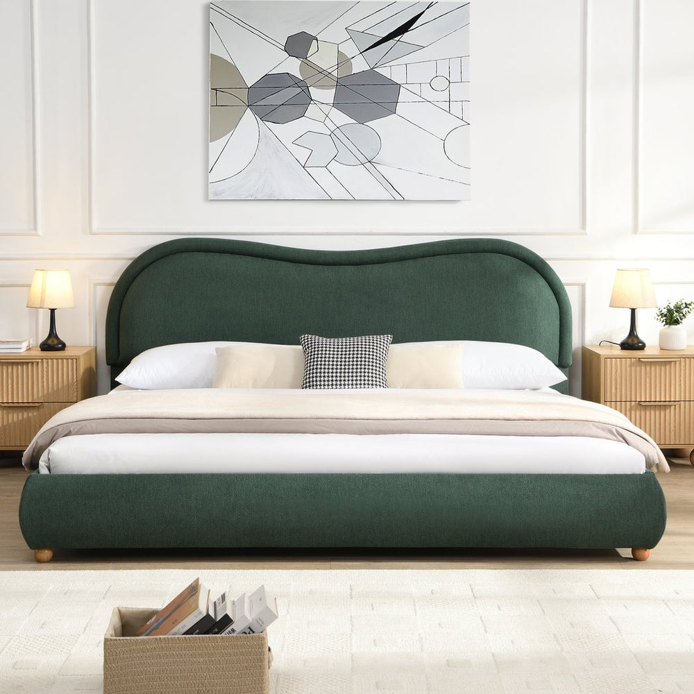 English Elm Queen Chenille Upholstered Curved Headboard Platform Bed with Oak Legs Solid Wood Slats W1716P428274
