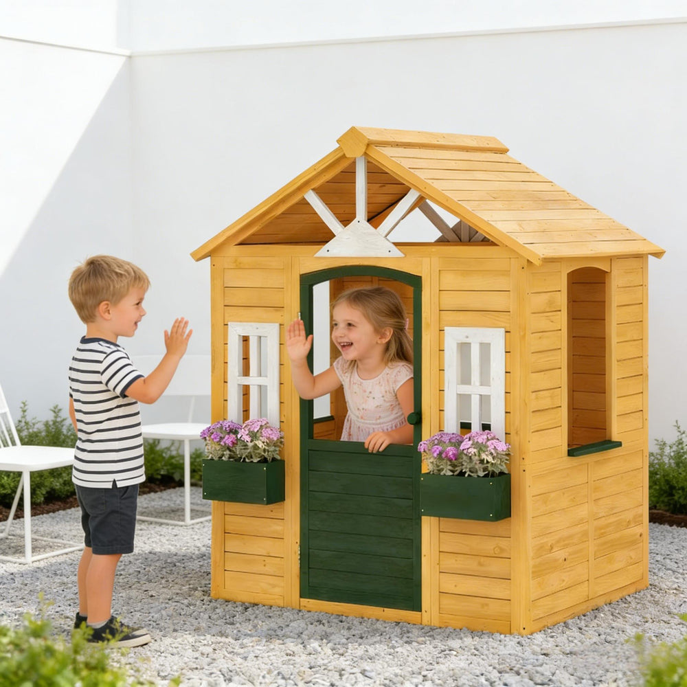 English Elm Creative Fir Wood Kids Outdoor Playhouse Cottage with Flower Boxes and Windows T3971P491797