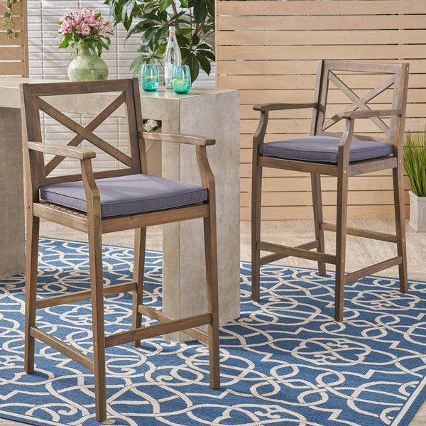 English Elm Christopher Knight Home® - PERLA Acacia Wood Outdoor Barstool Set of 2 with Water-Resistant Cushions, Cross-Back Farmhouse Charm Grey 63748.00GGRY