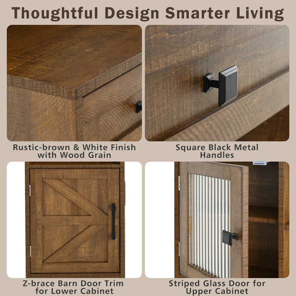 English Elm Farmhouse Makeup Vanity Desk with Lighted Mirror, Built-In Charging Station, Ample Storage and Stool Rustic Brown N844P291652W