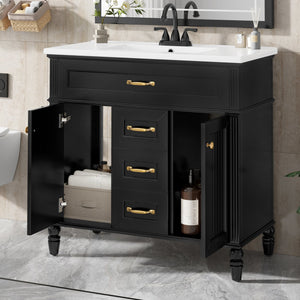 English Elm 36 Inch Bathroom Vanity with Ceramic Sink, Durable MDF & Solid Wood Frame, Soft-Close Doors, Luxe Handles, Ample Organized Storage, Modern Freestanding Design Black N725P314034B