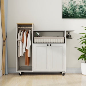 English Elm Ironing Cabinet on Wheels with Pull Out Board Open Shelves and Antique White Finish W1120P330148