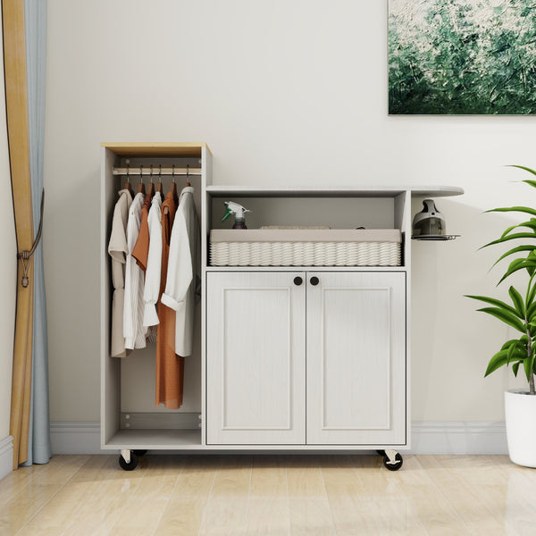 English Elm Ironing Cabinet on Wheels with Pull Out Board Open Shelves and Antique White Finish W1120P330148
