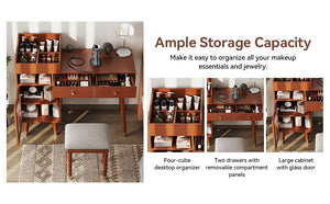 English Elm Modern Makeup Vanity Desk with Reeded Glass Door, 4-Compartment Cubby, Charging Port & Stool Comfortable Craftsmanship for Compact Spaces Walnut N844P285187W