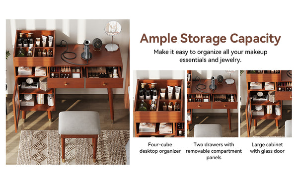 English Elm Modern Makeup Vanity Desk with Reeded Glass Door, 4-Compartment Cubby, Charging Port & Stool Comfortable Craftsmanship for Compact Spaces Walnut N844P285187W