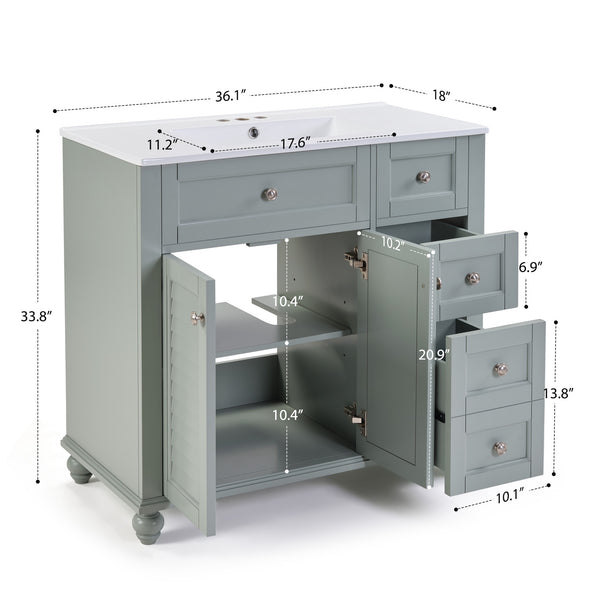 English Elm 36" Modern Grey Bathroom Vanity with Ceramic Sink, Solid Wood Frame, Soft-Close Drawers, Organizer Storage Blue+Grey W2896P344088