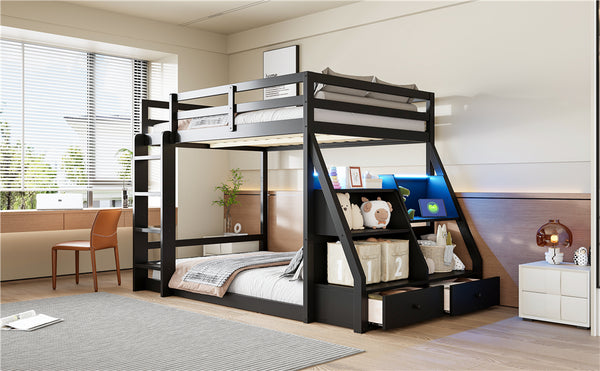 English Elm Full Bunk Bed with App Led Lighting Usb Charging Storage Drawers Kids Bedroom Black N820S00080B