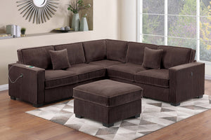 English Elm Modern Corduroy Sectional Set with Usb Charging Ottoman and Accent Pillows for Living Room B011S02198