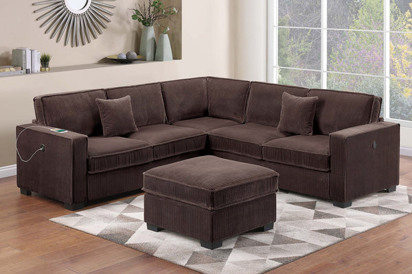 English Elm Modern Corduroy Sectional Set with Usb Charging Ottoman and Accent Pillows for Living Room B011S02198