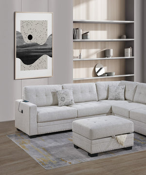 English Elm Living L-Shaped Sectional Sofa Set with Reversible Chaise, Tufted Burlap Fabric, Storage Ottoman, USB Port Beige,Neutral 34 L x 26 W x 65 H B011S01776