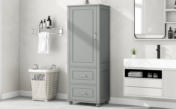 English Elm Tall Freestanding Bathroom Cabinet Two Drawers Adjustable Shelves Matte Mdf Storage Grey N725P407739E