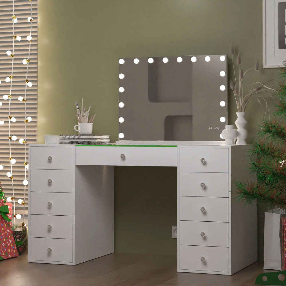 English Elm Vanity Desk Hollywood Mirror 18 Led Bulbs Rgb Strip Bluetooth Speakers 11 Drawers W3660S00003