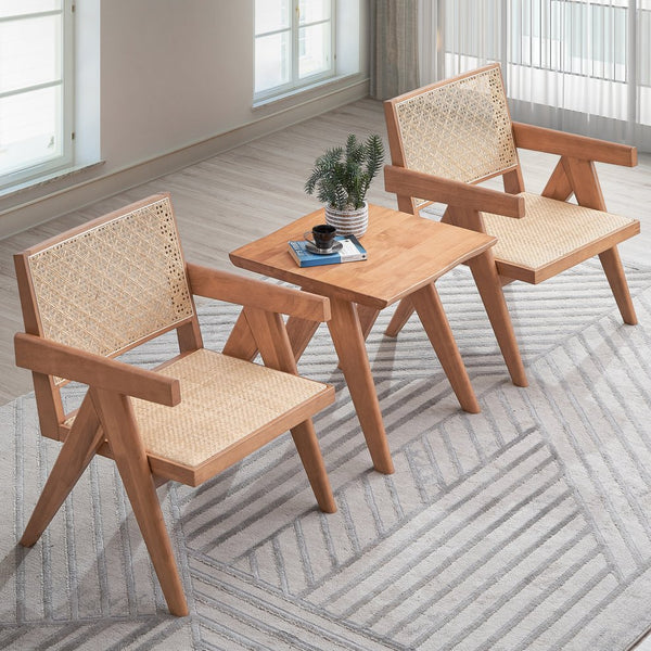 English Elm Beige Rattan Accent Chair with Natural Wood Legs — Breathable Seat, Rustic Earthy Style for Home B062P209169