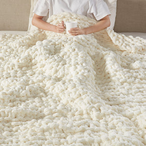 JLA Home Madison Park - Throw Handmade Chenille Chunky Knit Throw – OEKO‑TEX Certified, Plush 50x60 Cozy Layer for Home Decor Ivory MP50-7673