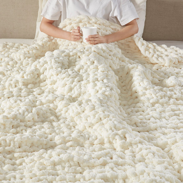 JLA Home Madison Park - Throw Handmade Chenille Chunky Knit Throw – OEKO‑TEX Certified, Plush 50x60 Cozy Layer for Home Decor Ivory MP50-7673