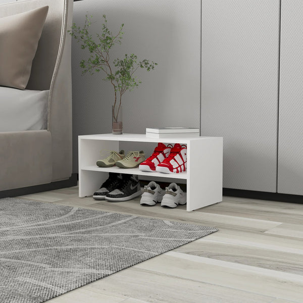 English Elm White Melamine 2-Shelf Shoe Rack for Bedroom Storage — Durable Particle Board, Sleek White Finish, Space-Saving Organizer (32.7" W x 18.5" D) B062P230636