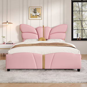 English Elm Christopher Knight Home® - Full Upholstered PU Leather Bed Frame with Butterfly Headboard, Gold Accents, Solid Wood Platform Light Pink 78.25 L x 10 W x 3.25 H N761S0000018H