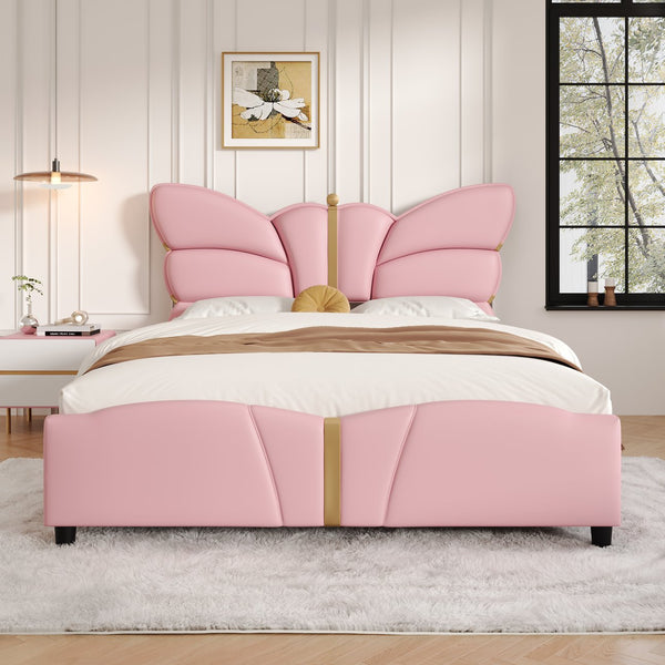 English Elm Christopher Knight Home® - Full Upholstered PU Leather Bed Frame with Butterfly Headboard, Gold Accents, Solid Wood Platform Light Pink 78.25 L x 10 W x 3.25 H N761S0000018H
