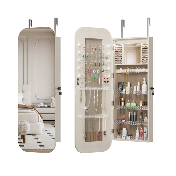English Elm Jewelry Cabinet Armoire With Full-Length Mirror, Lighted Organizer, Lockable Storage & Modern Design W3406P340449