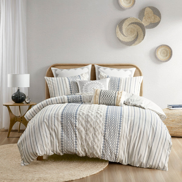 English Elm King/Cal Imani Cotton Chenille Duvet Cover Set - Geometric Tufted Print, OEKO-TEX, Button Closure B03596510
