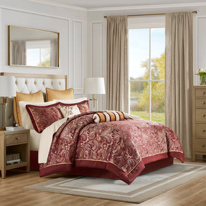 JLA Home Madison Park - 12 Piece Comforter Set Jacquard Paisley Burnt Red Gold with 100% Cotton Sheets, Hotel-Quality Finish 92 L x 90 W x 1.5H MP10-319