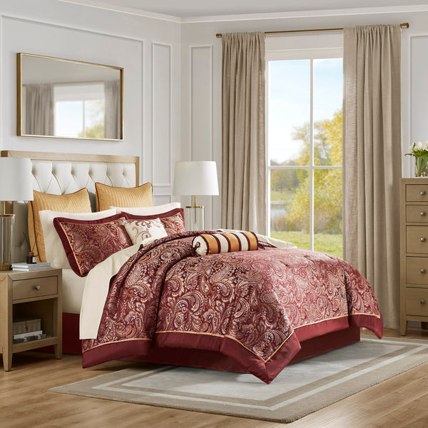 JLA Home Madison Park - 12 Piece Comforter Set Jacquard Paisley Burnt Red Gold with 100% Cotton Sheets, Hotel-Quality Finish 92 L x 90 W x 1.5H MP10-319