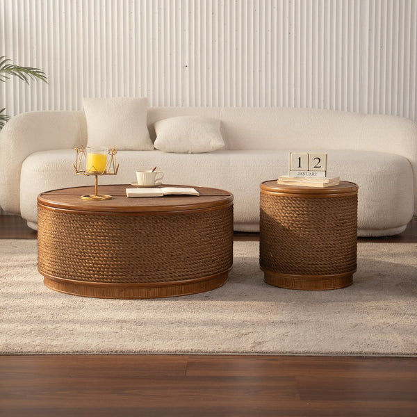 English Elm Flower-shaped Rattan Coffee Table Boho Woven Design with Hidden Lift Top Storage W3081P464721