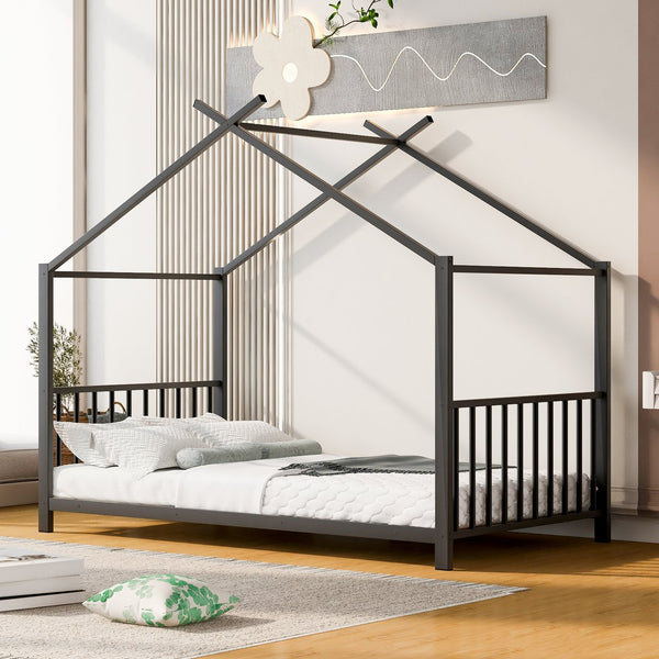 English Elm Twin Metal House Platform Bed with Slat Kit for Kids Sleepovers Sturdy Frame Elegant Silhouette 63.8"H Black MF322835AAB