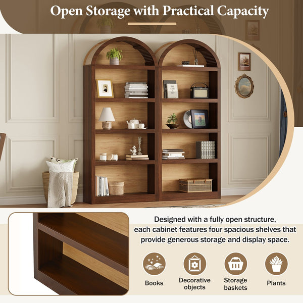 English Elm On-trend Farmhouse Two-tone Bookcase Set Arched Fabric Crown Open 5-tier Shelving Walnut N721P411205P