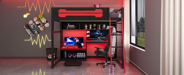 English Elm Full Size Gaming Loft Bed with Built-in Desk Led Lighting Usb Ports and Pegboard Black+Red LT000270AAR