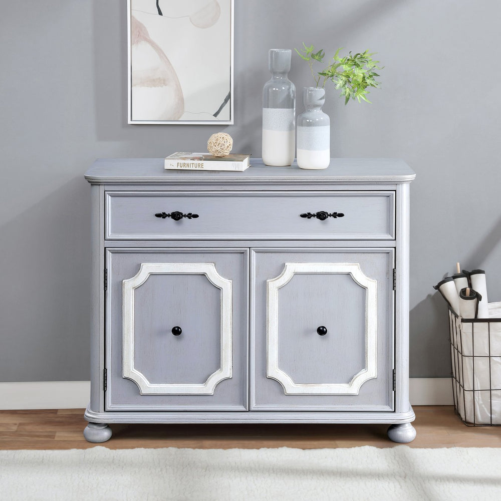 English Elm Grey Vintage Accent Cabinet with Bun Feet, 2 Doors & 1 Drawer for Entryway Storage, Quiet Glides Durable Finish B062P185706