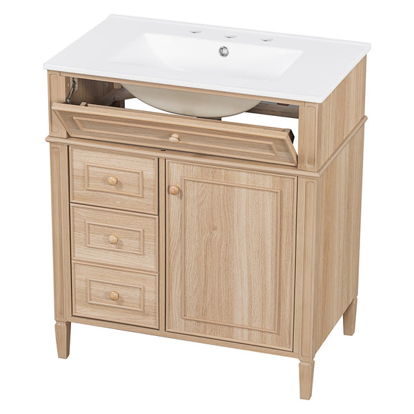 English Elm "30'' 30 Inch Freestanding Bathroom Vanity Solid Pine Cabinet Ceramic Sink Soft Close Storage N725P375498T