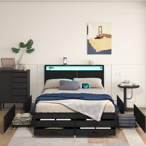 English Elm Full Size Bed Frame with 8 Drawer Storage, LED RGB Headboard, USB Charging, Sturdy Metal Platform W2129P369351