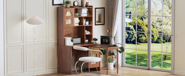 English Elm Computer Desk with Rotating Extension Panel Walnut Finish Glass Cabinets Home Office N733S363716D