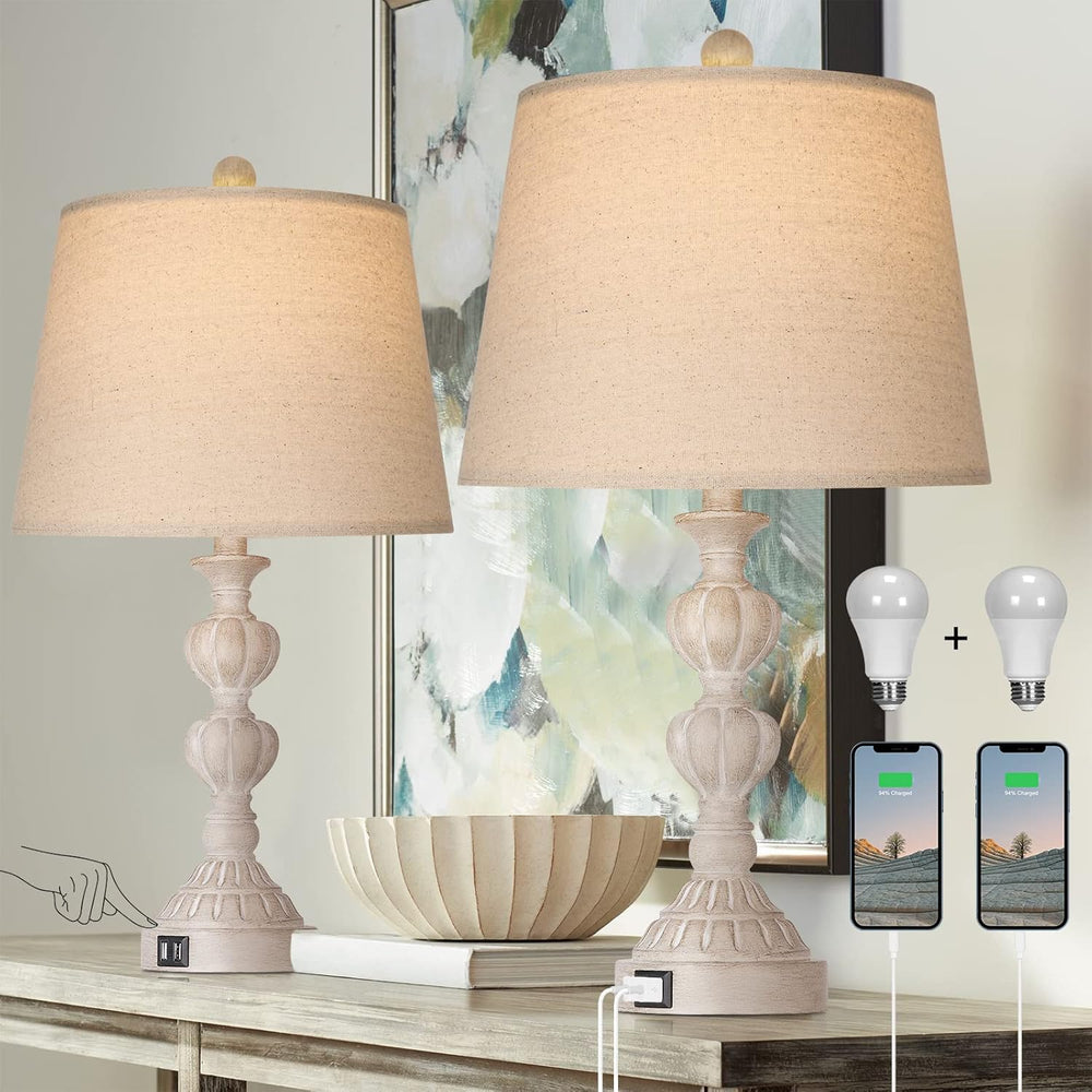 English Elm Touch Dimmer Farmhouse Ceramic Table Lamp Pair with Usb Ports for Bedroom Decor W3355P465453