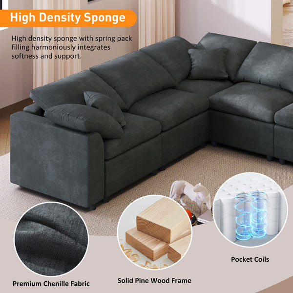 English Elm U_style Oversized Modular Sectional Plush Chenille Pine Frame Living Room Sofa with Ottoman Gray WY000453AAE