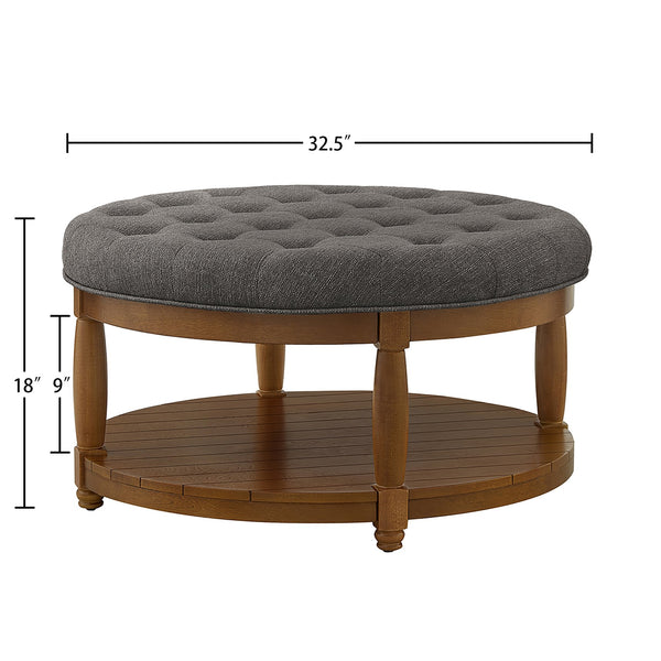 English Elm Large Tufted Linen Round Ottoman with Wood Shelf Neutral Footrest for Living Rooms W2186P400510