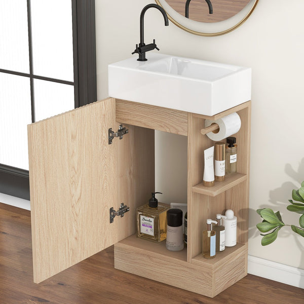English Elm 18.6" Bathroom Vanity with Sink and Ceramic Top, MDF Cabinet with Door, TP Holder & Shelf Natural N725P212181N