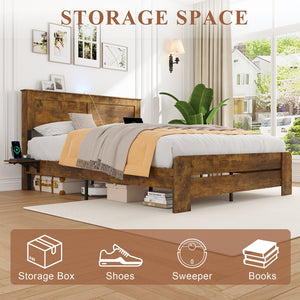 English Elm Farmhouse King Platform Bed Rustic Wood with Led Lighting and Built-in Charging Shelf W1550P366929