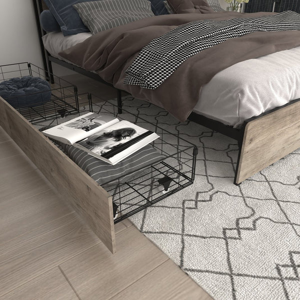 English Elm King Storage Bed with Led Lighting Charging Station Four Drawers Metal Slat Frame W2129P210693