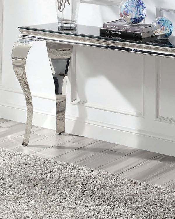 English Elm Glam Stainless Steel Coffee Table with Beveled Tempered Glass Top and Elegant Cabriole-Style Legs Black,Silver 59 L x 21 W x 4 H B011S01175