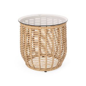 English Elm Christopher Knight Home® - ARIAS RATTAN SIDE TABLE with Tempered Glass Top, Boho Drum Design, Durable Woven Polyethylene Finish Light Brown 65764.00LBRN