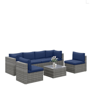 English Elm 7-piece Outdoor Modular Sectional Pe Wicker Patio Set with Tempered Glass Coffee Table Gray+Navy B082S00073