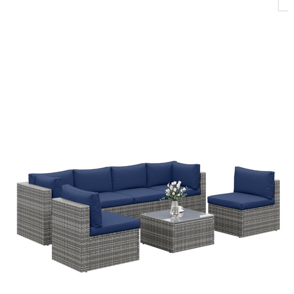 English Elm 7-piece Outdoor Modular Sectional Pe Wicker Patio Set with Tempered Glass Coffee Table Gray+Navy B082S00073