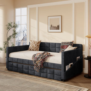 English Elm Modern Velvet Twin Daybed with Pull Out Trundle and Built in Armrest Storage Pockets Black SF000200AAB